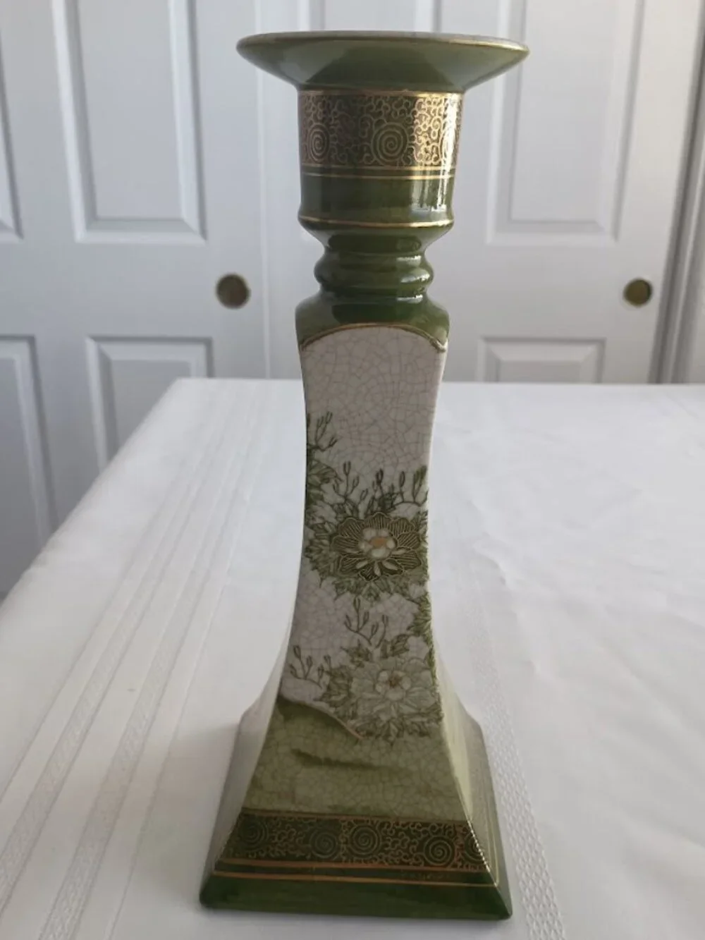 Vintage Kutani Porcelain Candlestick Holder with Peacock and Floral Design
